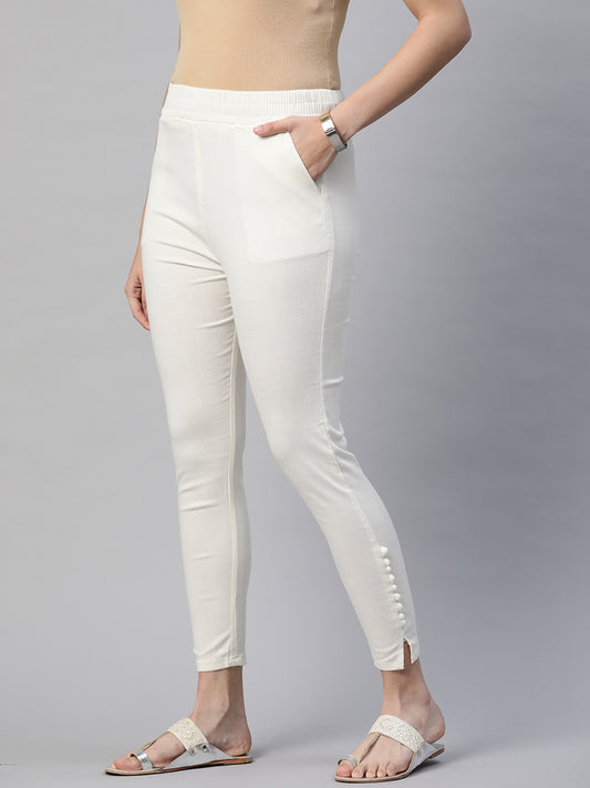 Cotton Regular Pant for Women & Girls | Off White Solid Pure Cotton Slim Fit Ankle Length Ethnic Trousers for Women's & Girls