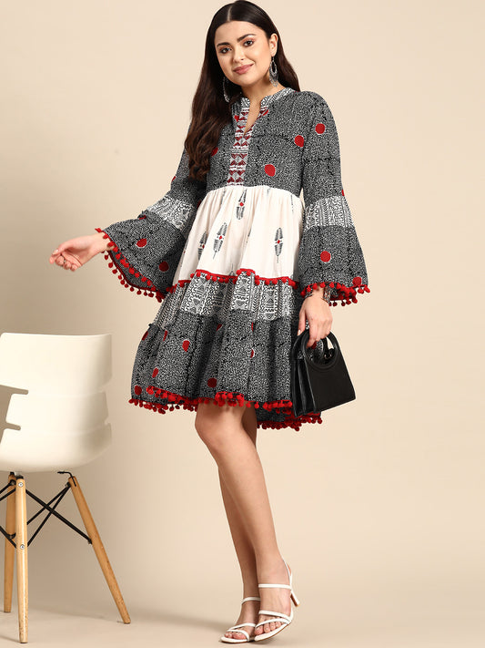 Printed Cotton Embellished Ruffled A-Line Mini Dress