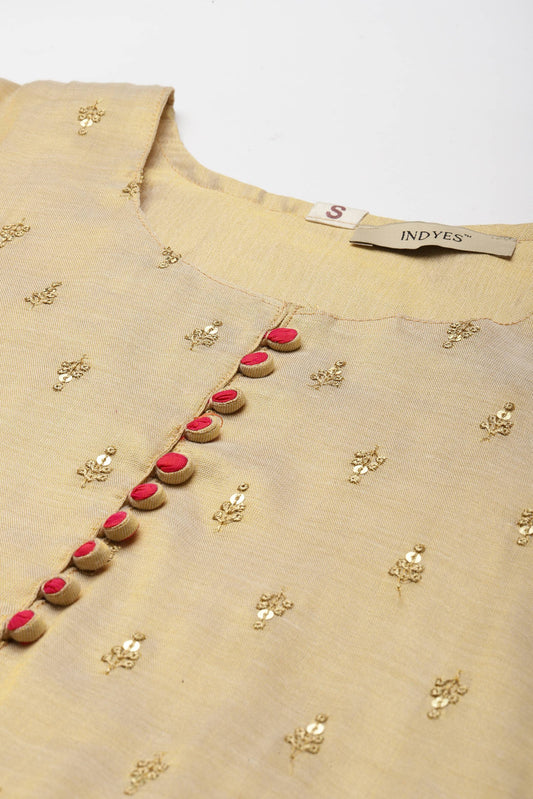 Women Beige Embroidered Regular Sequinned Chanderi Silk Kurta with Trousers & With Dupatta