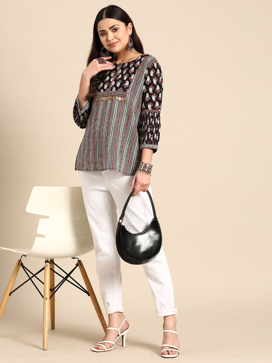 Ethnic Motifs Printed Sequinned Pure Cotton Sequinned Kurti