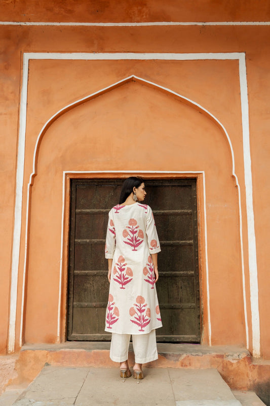 INDYES Floral Printed Regular Thread Work Pure Cotton Kurta with Palazzos for Women