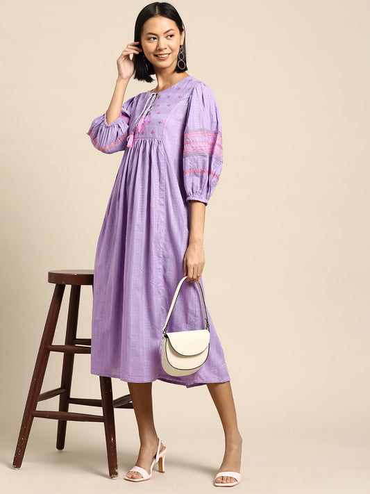 Ethnic Motifs Embroidered Dobby Cotton A-line Dress