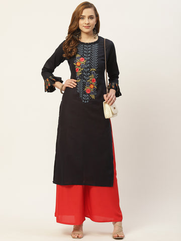 Navy Blue & Red Ethnic Motifs Aari Work Yoke Design Cotton Straight Kurta