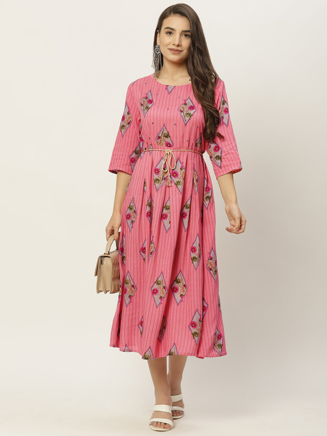 Women Pink Floral Midi Cotton Dress