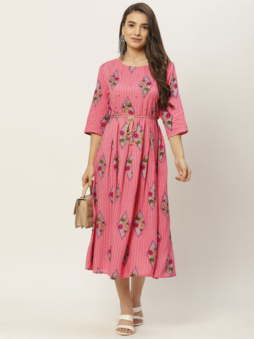 Women Pink Floral Midi Cotton Dress