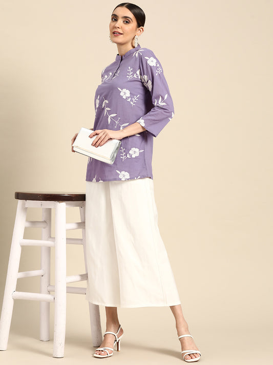 Floral Embroidered Mandarin Collar Top