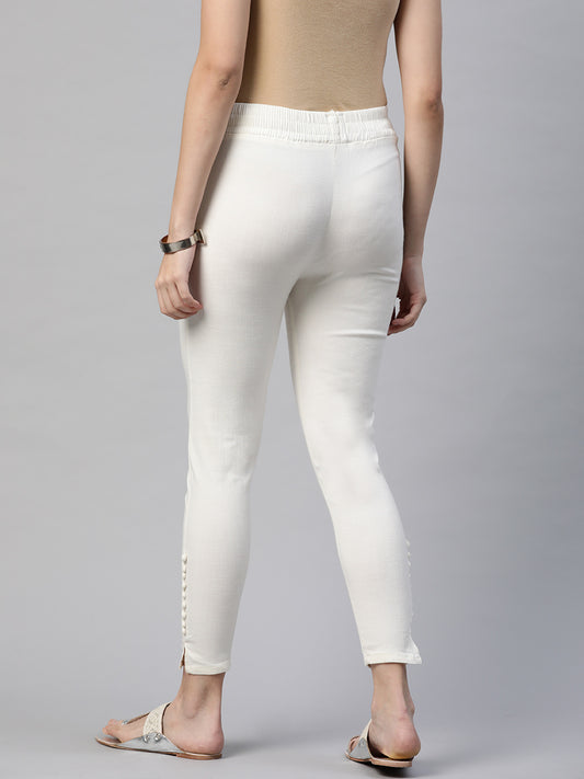 Cotton Regular Pant for Women & Girls | Off White Solid Pure Cotton Slim Fit Ankle Length Ethnic Trousers for Women's & Girls