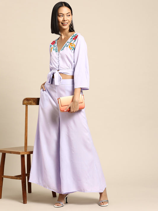 Floral Embroidered Front Knot Top & Flared Trousers Co-Ords