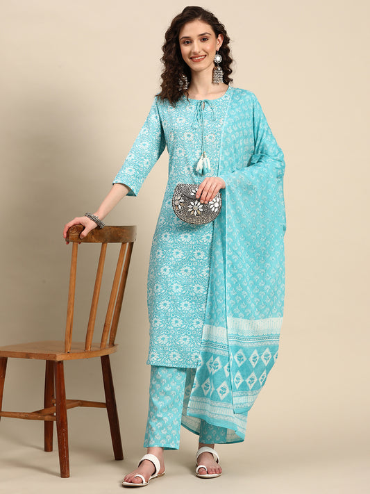 Women Floral Printed Sequinned Pure Cotton Kurta with Trousers & With Dupatta