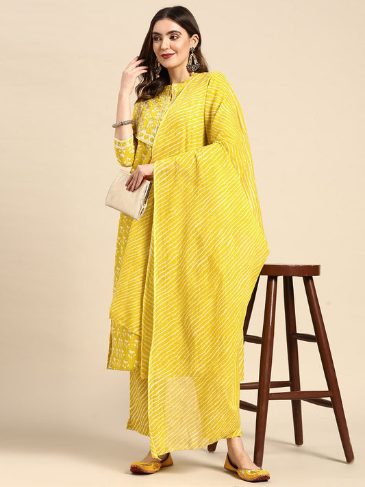 Leheriya Yoke Design Sequinned Pure Cotton Kurta With Trousers & Dupatta