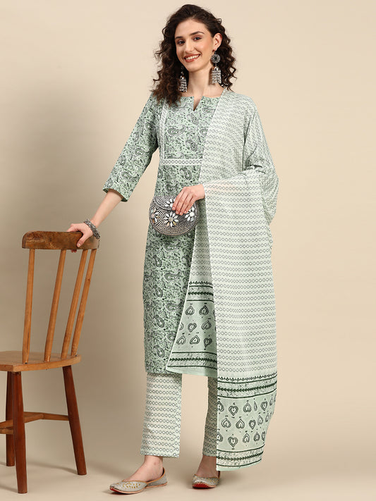 Women Paisley Printed Aari Work Pure Cotton Kurta with Trousers & With Dupatta