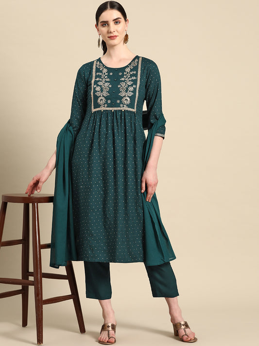 Yoke Design Thread Work Kurta With Trousers & Dupatta