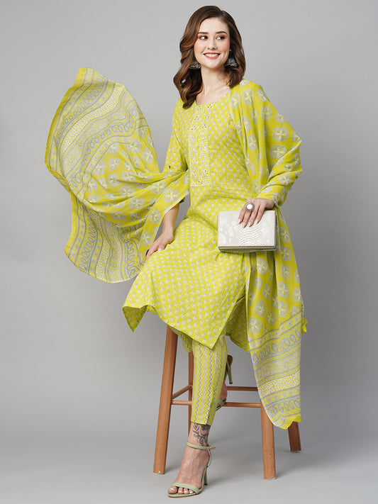 Ethnic Motifs Printed Mirror Work Pure Cotton Kurta with Trousers & With Dupatta