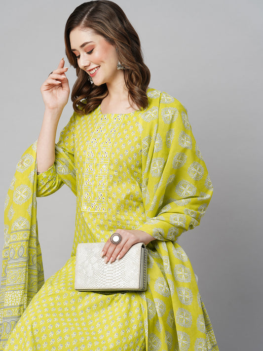 Ethnic Motifs Printed Mirror Work Pure Cotton Kurta with Trousers & With Dupatta