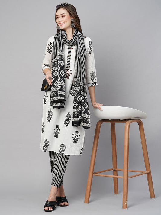 Floral Printed Thread Work Pure Cotton Kurta with Trousers & With Dupatta