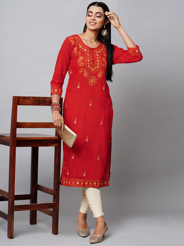 Women Red Ethnic Motifs Yoke Design Straight Kurta