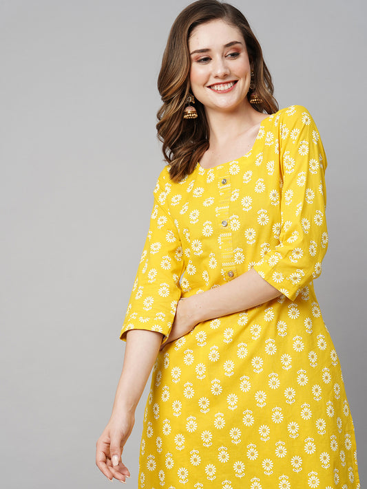 Floral Printed Sequinned Pure Cotton Kurta with Trousers & With Dupatta