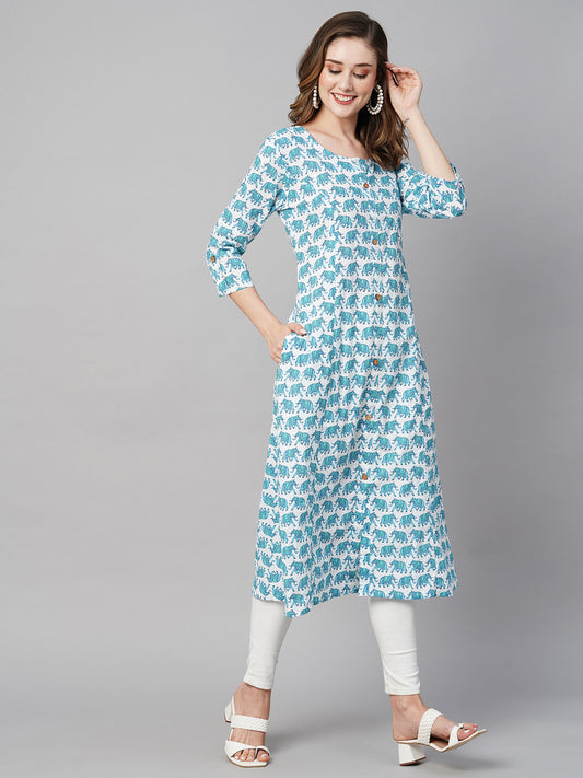 Round Neck Ethnic Motifs Printed Pure Cotton Kurta