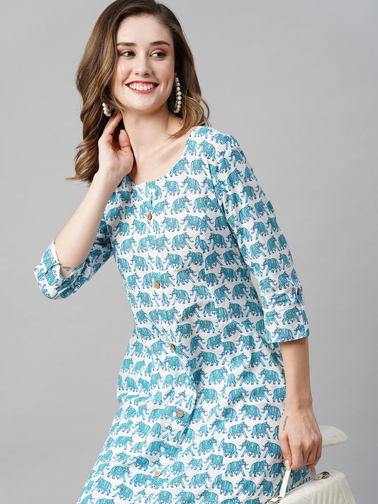 Round Neck Ethnic Motifs Printed Pure Cotton Kurta