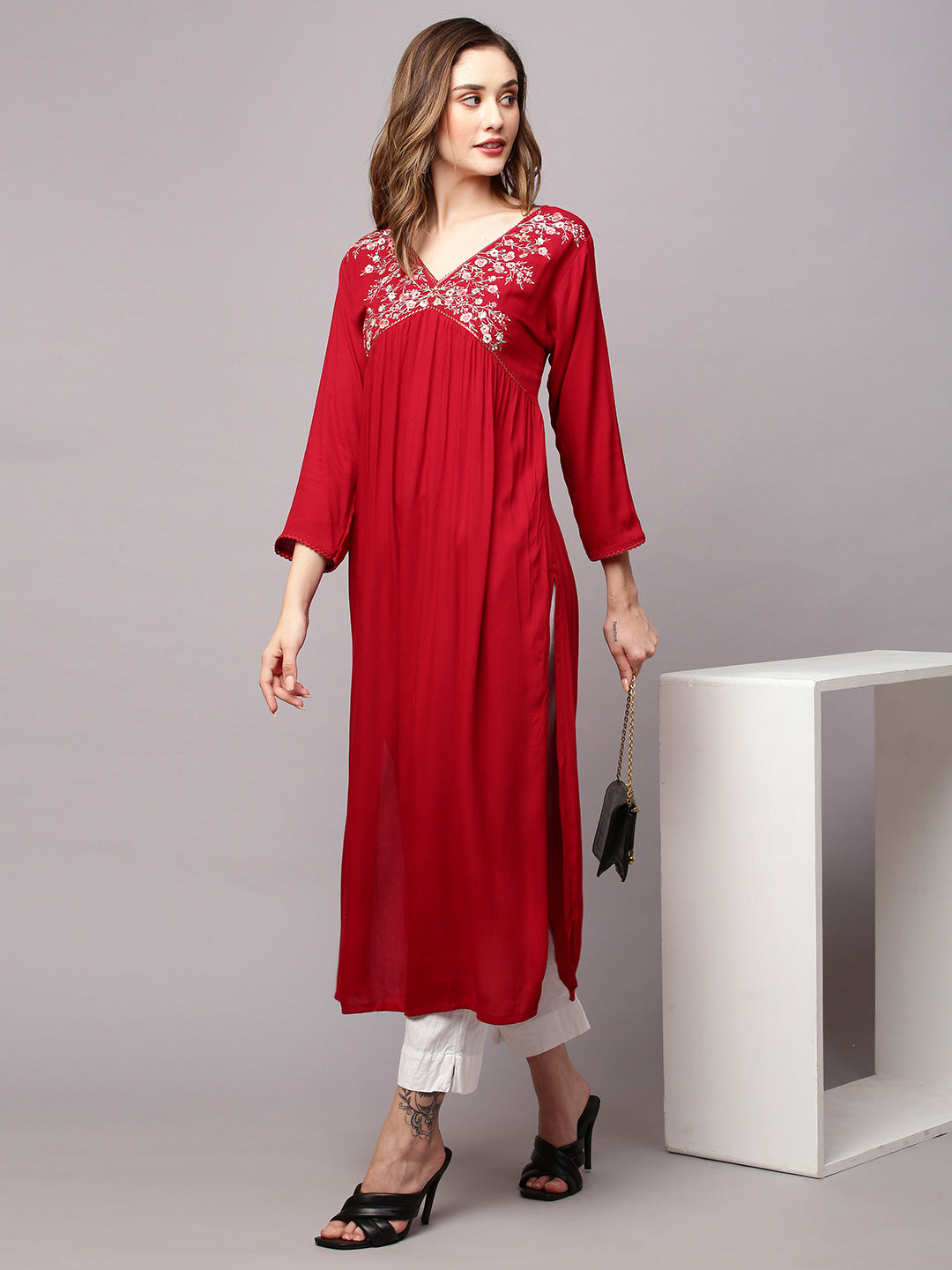 INDYES Maroon Alia Yoke Design Thread Work Embroidered A-Line Kurta for Women