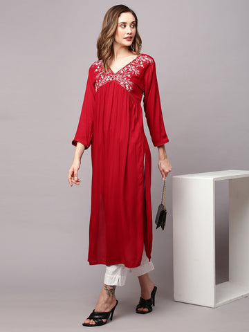 INDYES Maroon Alia Yoke Design Thread Work Embroidered A-Line Kurta for Women