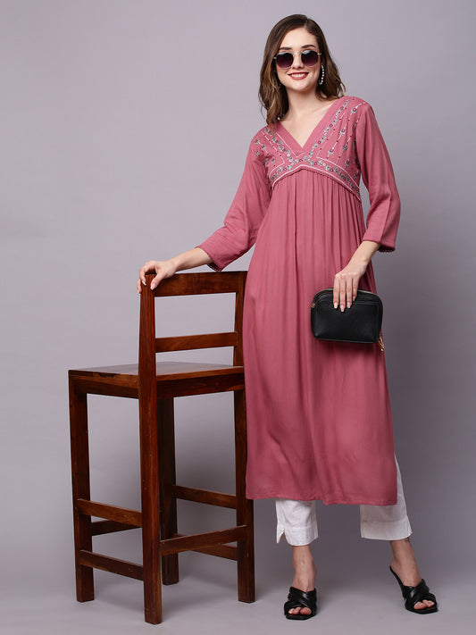 Women's Mauve V-Neck Embroidered Alia Cut Design Pleated A-Line Kurta