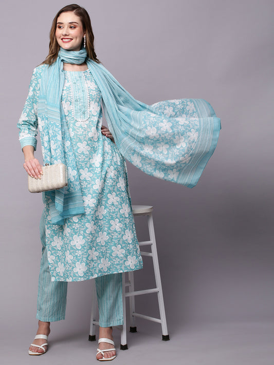 Floral Printed Regular Sequined Pure Cotton Kurta & Trousers With Dupatta