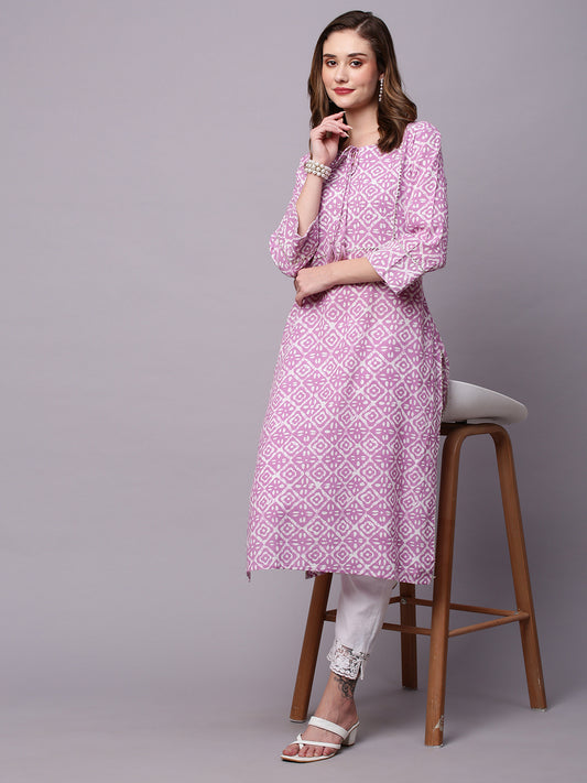 Ethnic Printed Tie Up Neck Gotta Patti Detailed Straight Pure Cotton Kurta