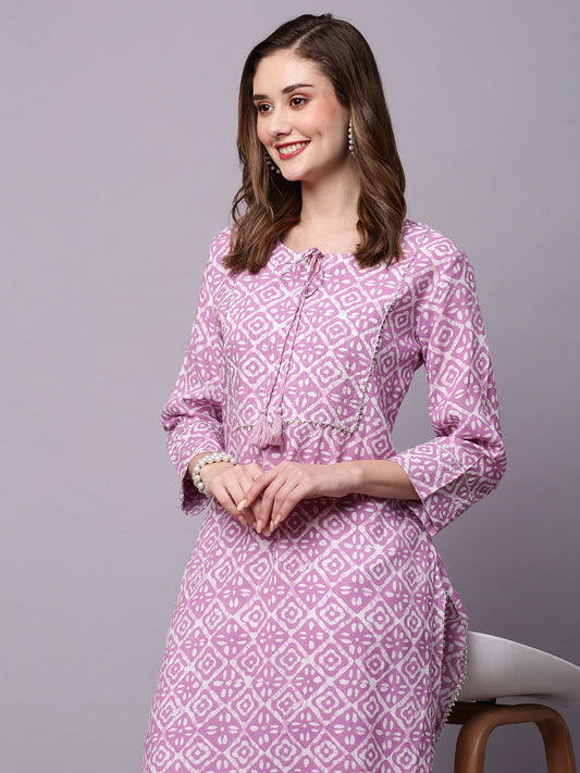 Ethnic Printed Tie Up Neck Gotta Patti Detailed Straight Pure Cotton Kurta