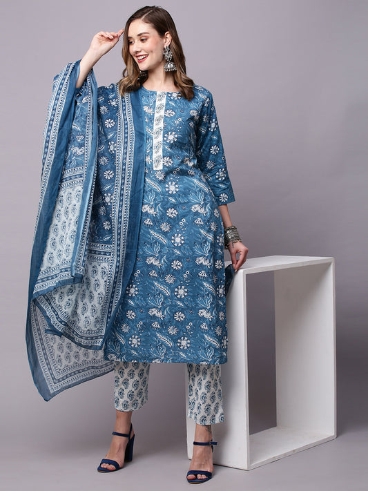 Floral Yoke Design Pure Cotton Kurta with Trousers & Dupatta