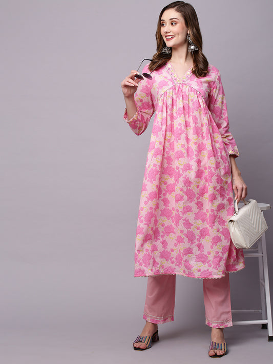 Floral Printed Gotta Patti Pure Cotton Kurta With Trousers