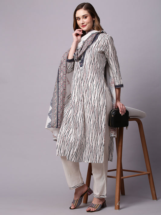 Abstract Printed Pure Cotton Kurta & Trousers With Dupatta