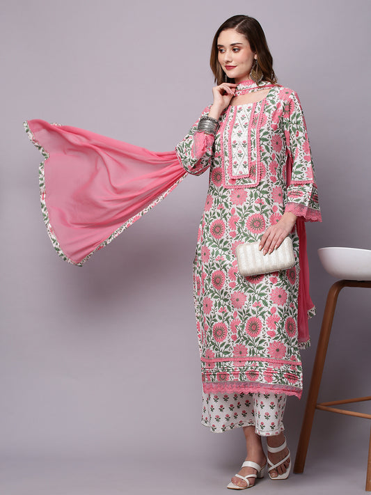 Floral Printed Straight Pure Cotton Kurta & Palazzos With Dupatta