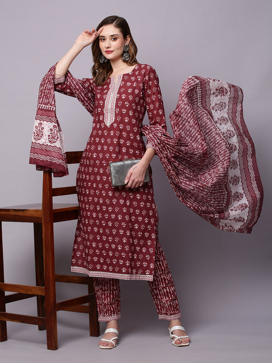 Ethnic Motifs Printed Pure Cotton Kurta & Trousers With Dupatta