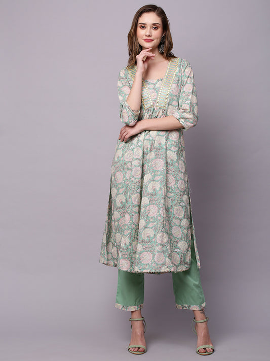 Floral Printed Mirror Work Pure Cotton Kurta with Trousers