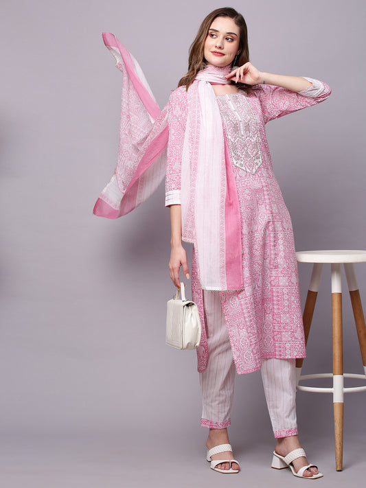 Ethnic Motifs Printed Pure Cotton Kurta & Trousers With Dupatta