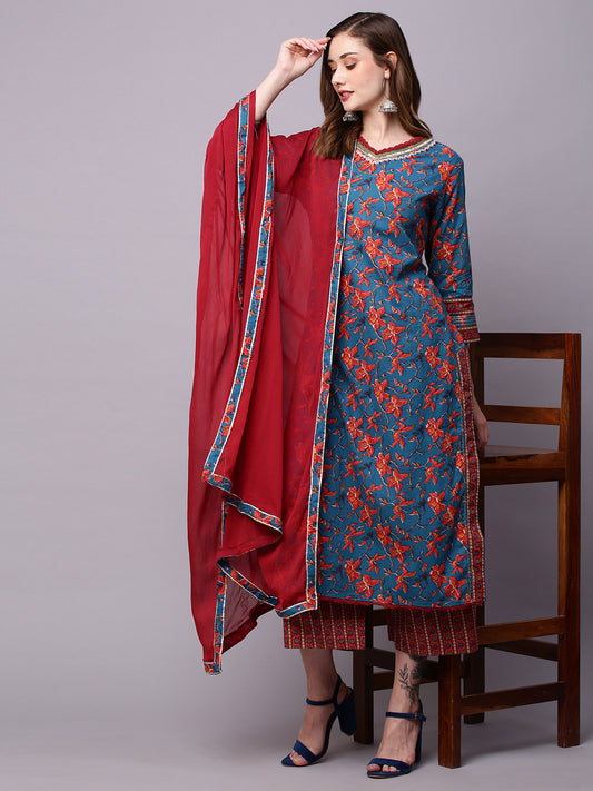 Floral Printed Straight Pure Cotton Kurta & Palazzos With Dupatta