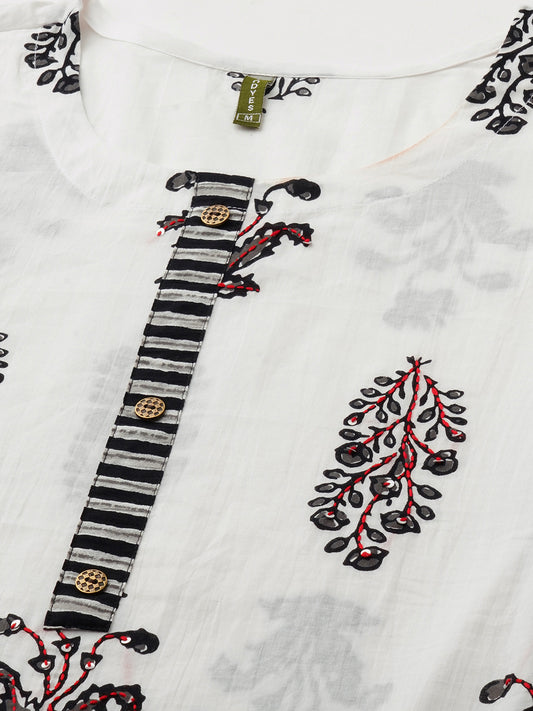 Floral Printed Thread Work Pure Cotton Kurta with Trousers & With Dupatta