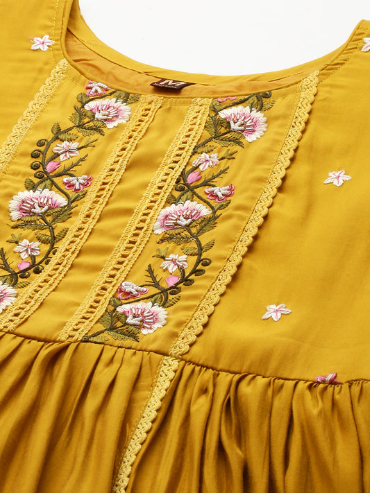 Floral Embroidered Thread Work Kurta with Trousers & Dupatta