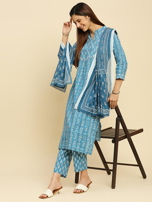 Women Blue Ethnic Motifs Printed Regular Thread Work Pure Cotton Kurta with Trousers & With Dupatta