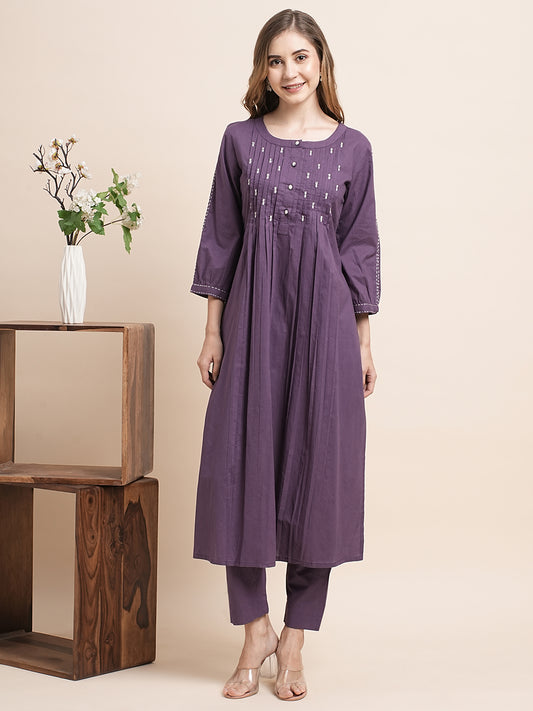 INDYES Embroidered Pleated Kantha Work Pure Cotton Kurta Pant Set for Women Co-Ords Set