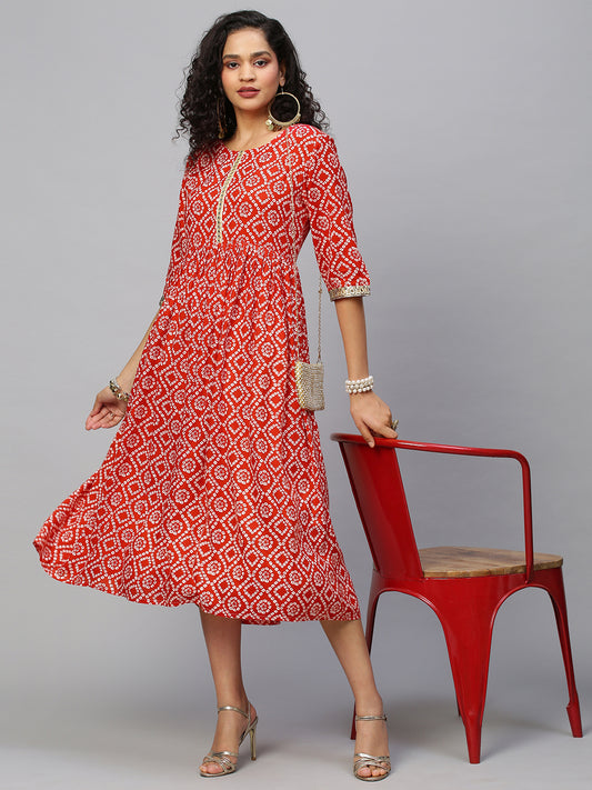 Red & White Printed Embellished Detail Midi Dress
