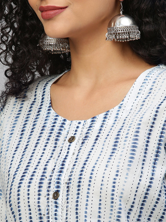 Women Blue and White Tie Dye Embroidered Pure Cotton Kurta