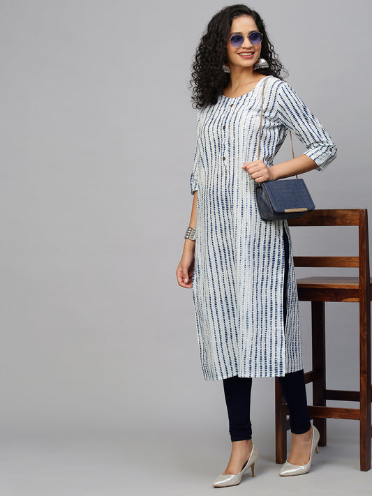 Women Blue and White Tie Dye Embroidered Pure Cotton Kurta