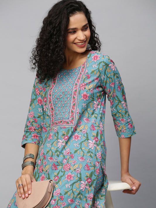 Women Teal Floral Printed Sequinned Pure Cotton Kurta with Trouser