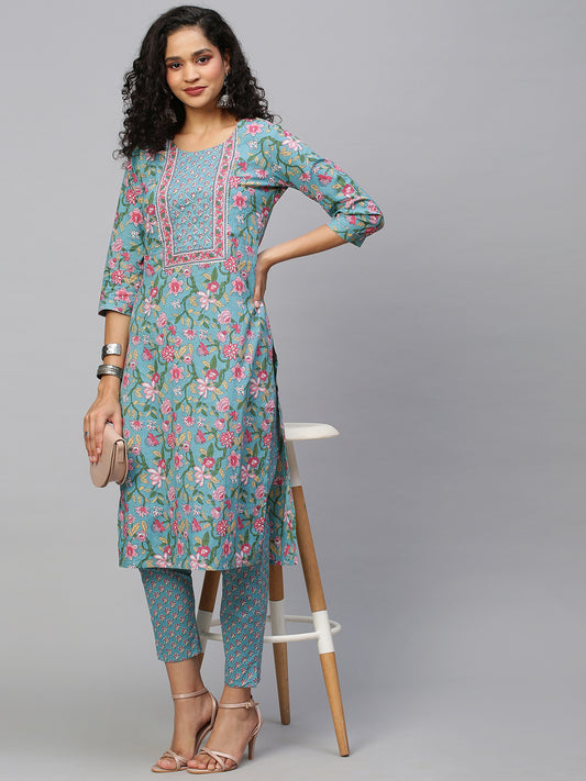 Women Teal Floral Printed Sequinned Pure Cotton Kurta with Trouser