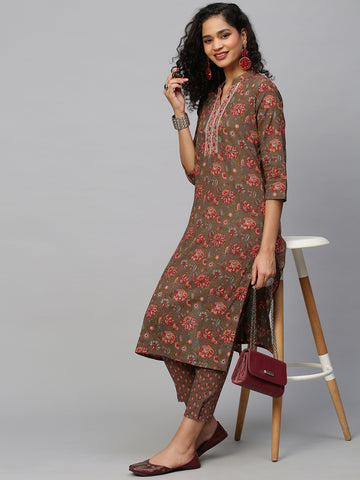 Women Brown Ethnic Motifs Printed Pure Cotton Kurta with Trousers