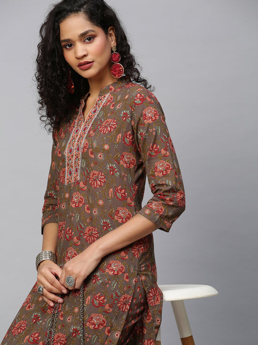 Women Brown Ethnic Motifs Printed Pure Cotton Kurta with Trousers