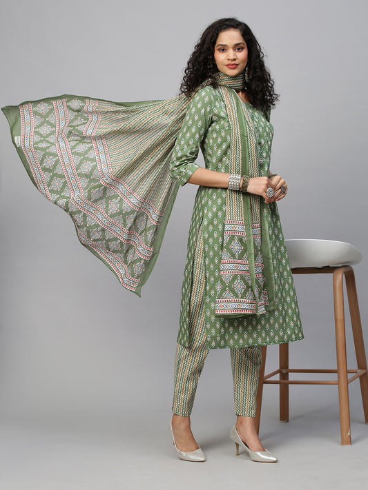 Women Green Ethnic Motifs Printed Gotta Patti Pure Cotton Kurta &Trouser & Dupatta