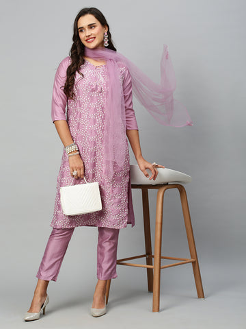 Floral Embroidered Thread Work Kurta with Trousers & Dupatta